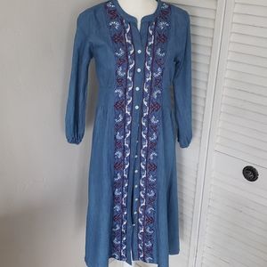 Embroidered Boho Peasant style Denim Dress, Size XXS
